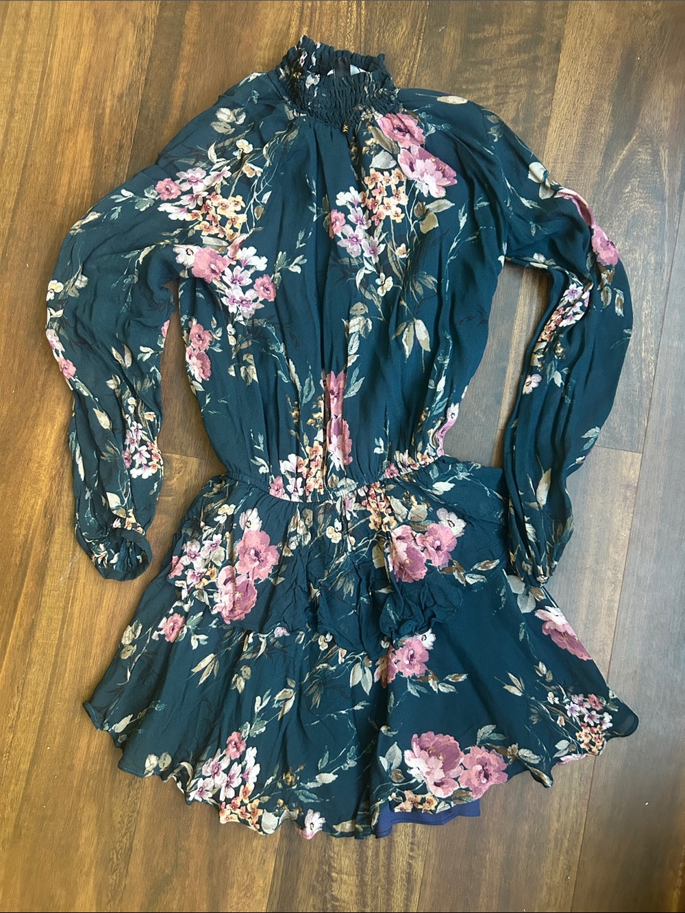 Yumi Kim Teal Floral Mini Dress with Pink & Cream Blooms
